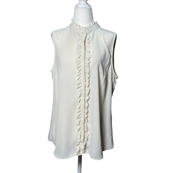 NEW Banana Republic Size PL Ruffle Front Collared Sleeveless Button Up Cream - Picture 2 of 9